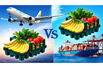 A comparison of air cargo and sea cargo for exporting fresh produce, showcasing cost, speed, and vol