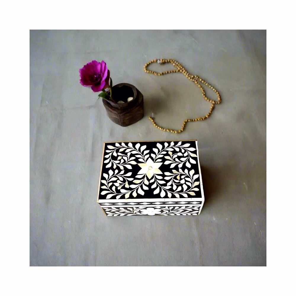 handmade black & white bone inlay jewelry box – decorative trinket storage organizer