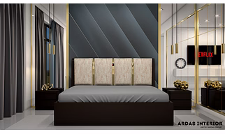 Ardas Interior Bed Back Curve Queen Hydraulic Storage Bed with Golden Accents