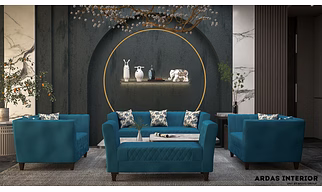 Ardas Interior Armani Royal Blue Suede Sofa Set with Teak Wood Frame
