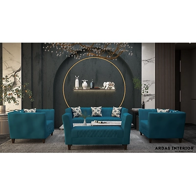 Ardas Interior Armani Royal Blue Suede Sofa Set with Teak Wood Frame
