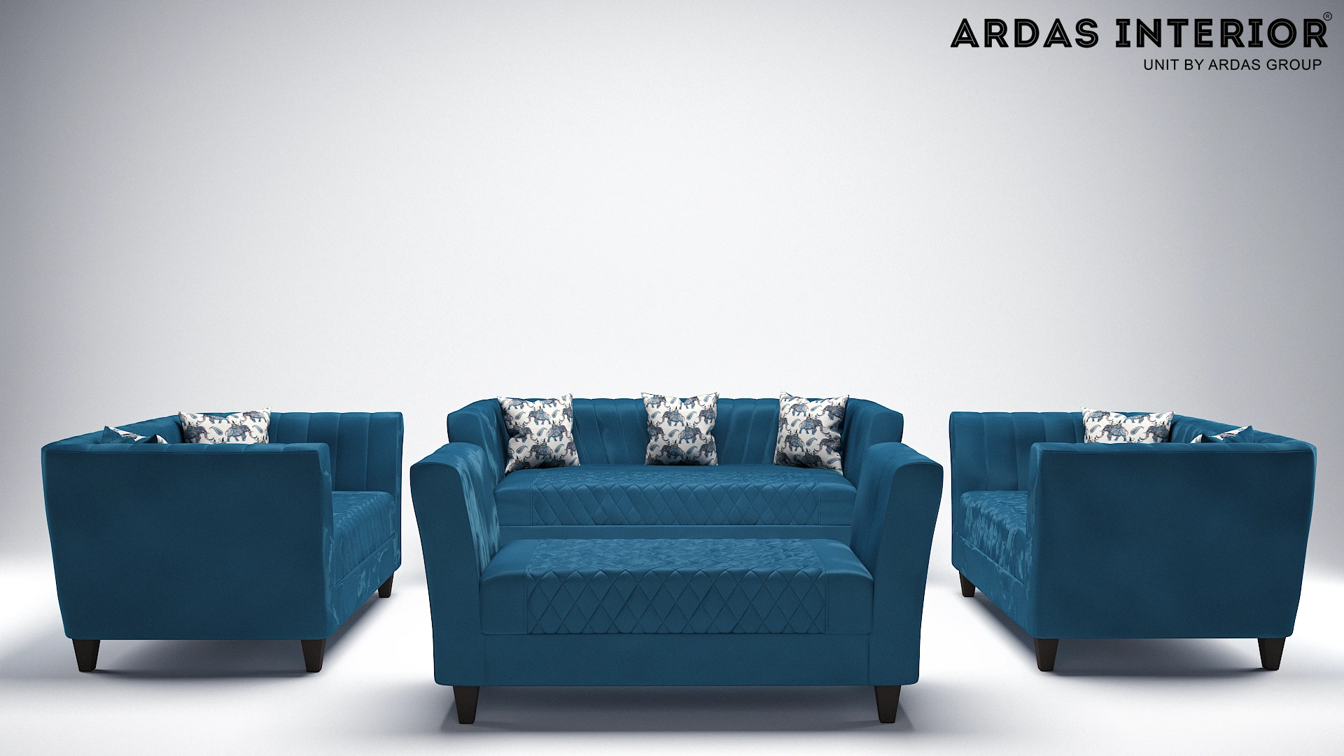 Ardas Interior Armani Royal Blue Suede Sofa Set with Teak Wood Frame-1