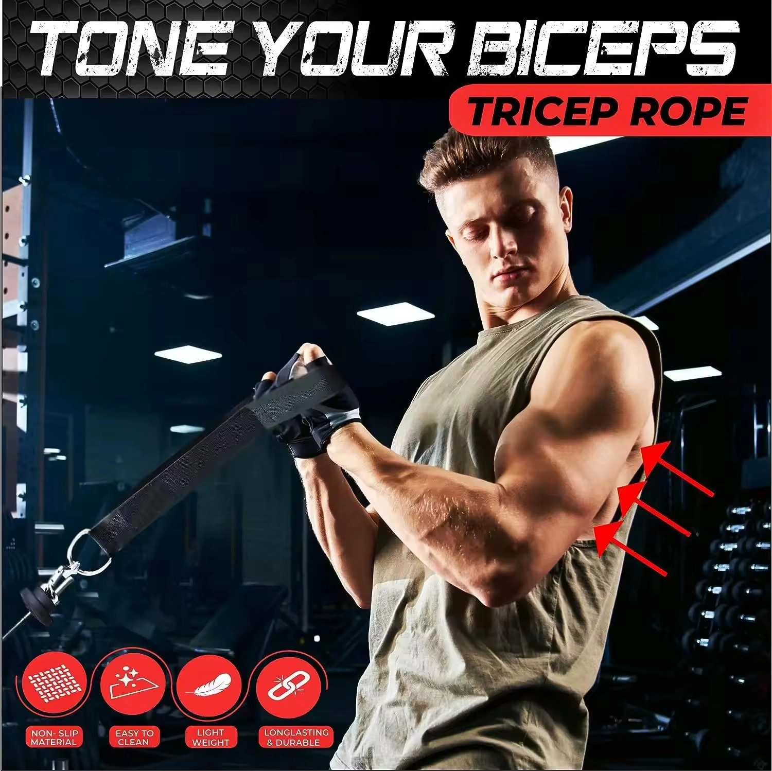 Tricep Rope Cable Attachment Pull Down Triceps Biceps Extension Straps Gym Equipment-3