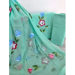 Hand-painted Indian cotton suits with Chiffon dupatta