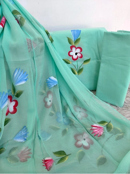Hand-painted Indian cotton suits with Chiffon dupatta-12705839