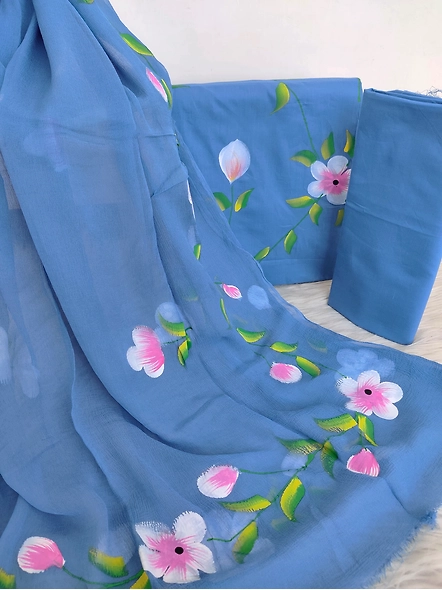 Hand-painted Indian cotton suits with Chiffon dupatta-1