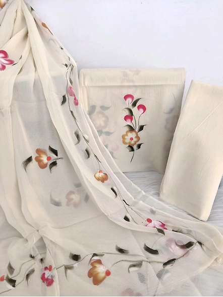 Hand-painted Indian cotton suits with Chiffon dupatta-2