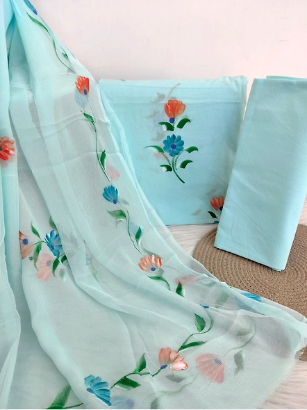 Hand-painted Indian cotton suits with Chiffon dupatta-3