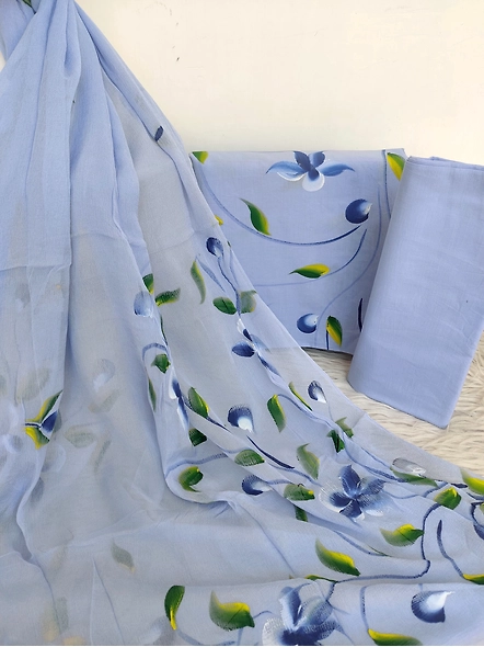 Hand-painted Indian cotton suits with Chiffon dupatta-4