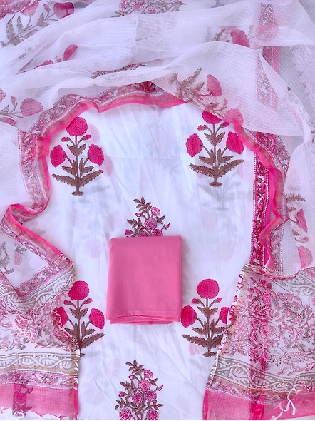 Hand block printed cotton suits with cotton kota doria dupatta-white 1-1