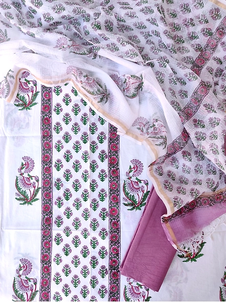 Hand block printed cotton suits with cotton kota doria dupatta-white 1-2
