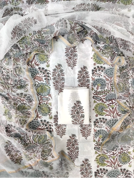 Hand block printed cotton suits with cotton kota doria dupatta-12710309
