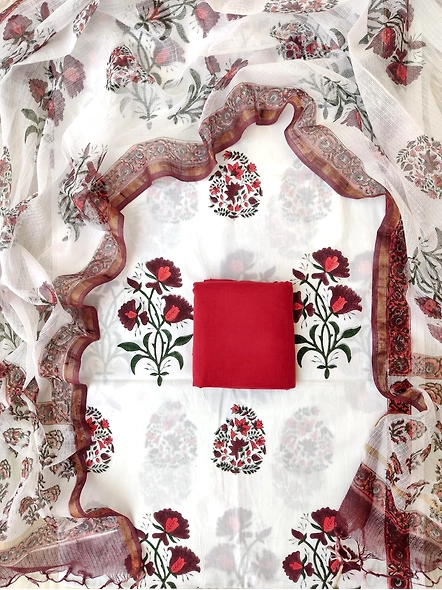 Hand block printed cotton suits with cotton kota doria dupatta-white 1-4