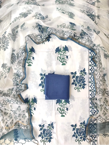 Hand block printed cotton suits with cotton kota doria dupatta-white 1-5