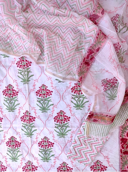 Hand block printed cotton suits with cotton kota doria dupatta-white 1-6