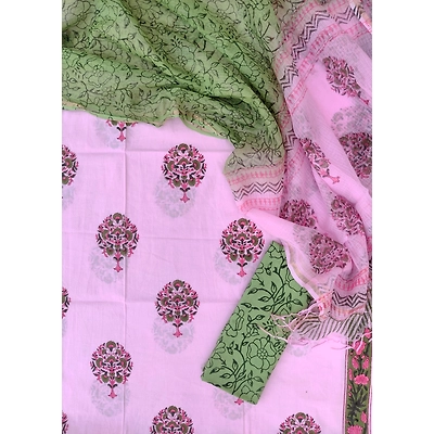 Hand block printed cotton suits with cotton kota doria dupatta