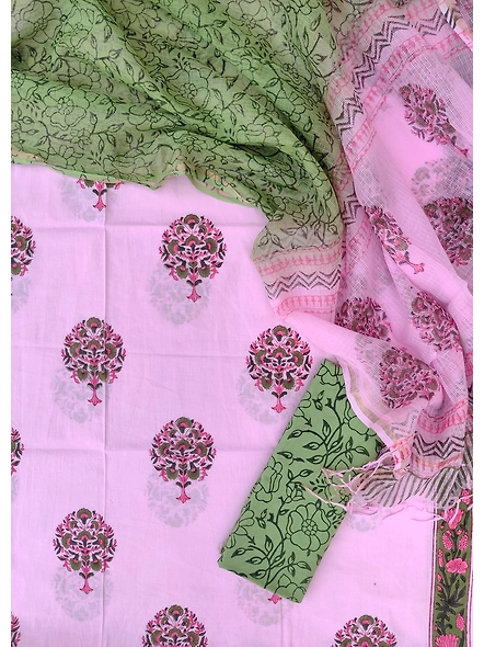 Hand block printed cotton suits with cotton kota doria dupatta-12710305