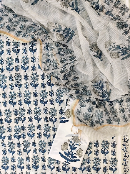 Hand block printed cotton suits with cotton kota doria dupatta-white 1-7