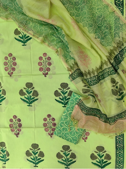 Hand block printed cotton suits with cotton kota doria dupatta-white 1-11