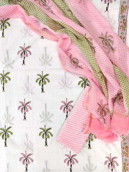 Hand block printed cotton suits with cotton kota doria dupatta-white 1-8