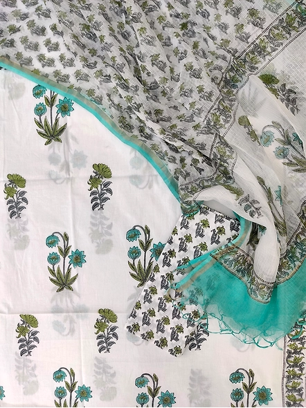 Hand block printed cotton suits with cotton kota doria dupatta-white 1-9