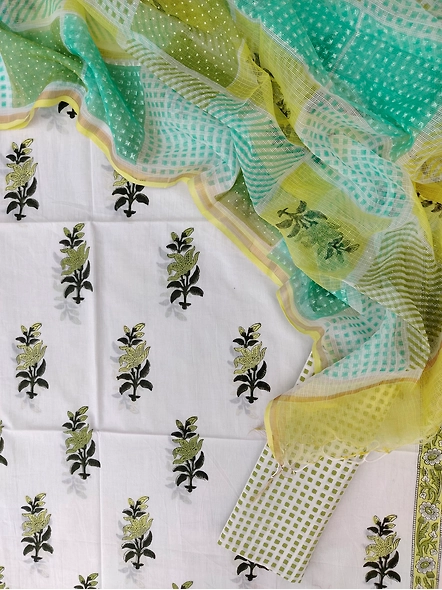Hand block printed cotton suits with cotton kota doria dupatta-white 1-10