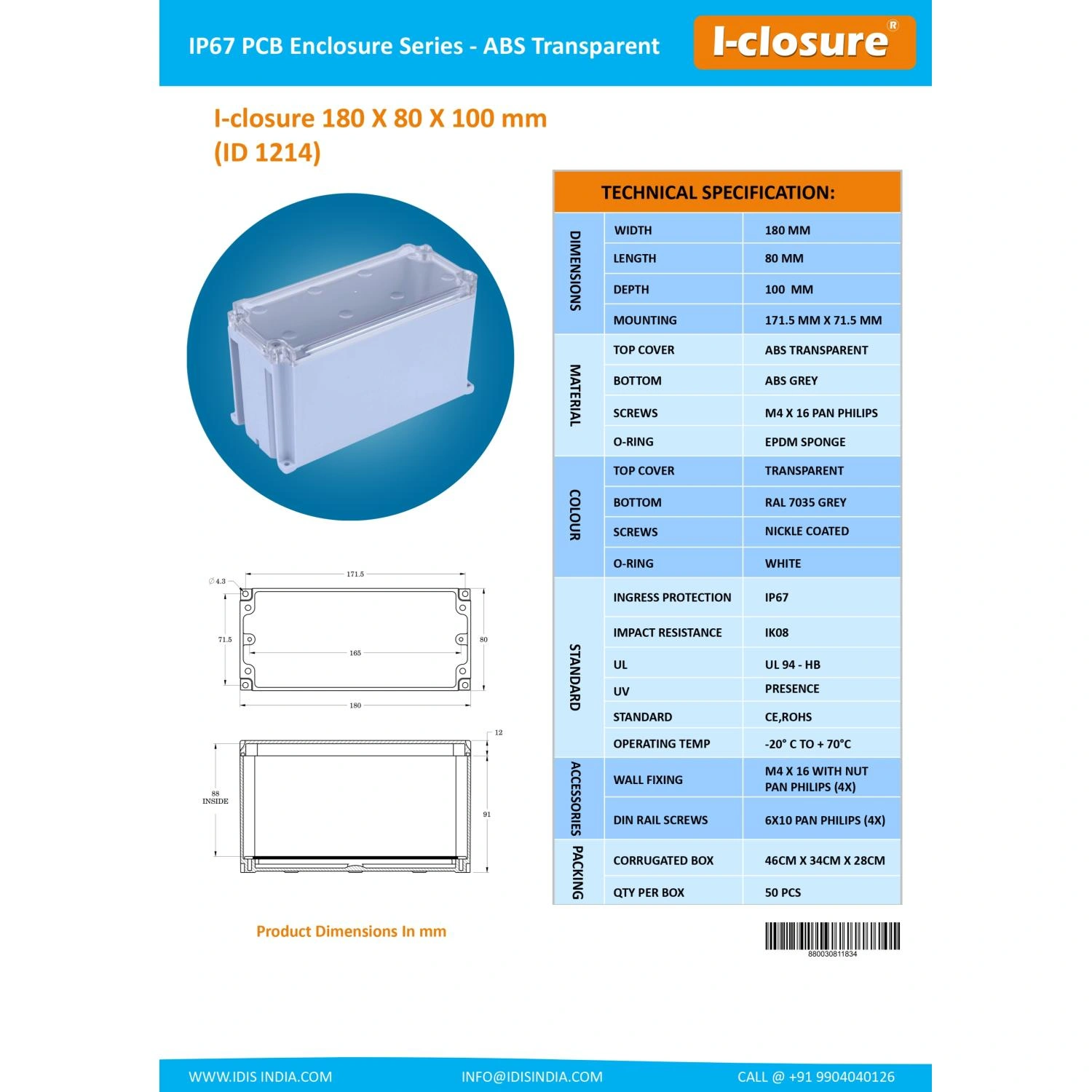ABS Enclosure 180 X 80 X 100 mm Clear IP67-3