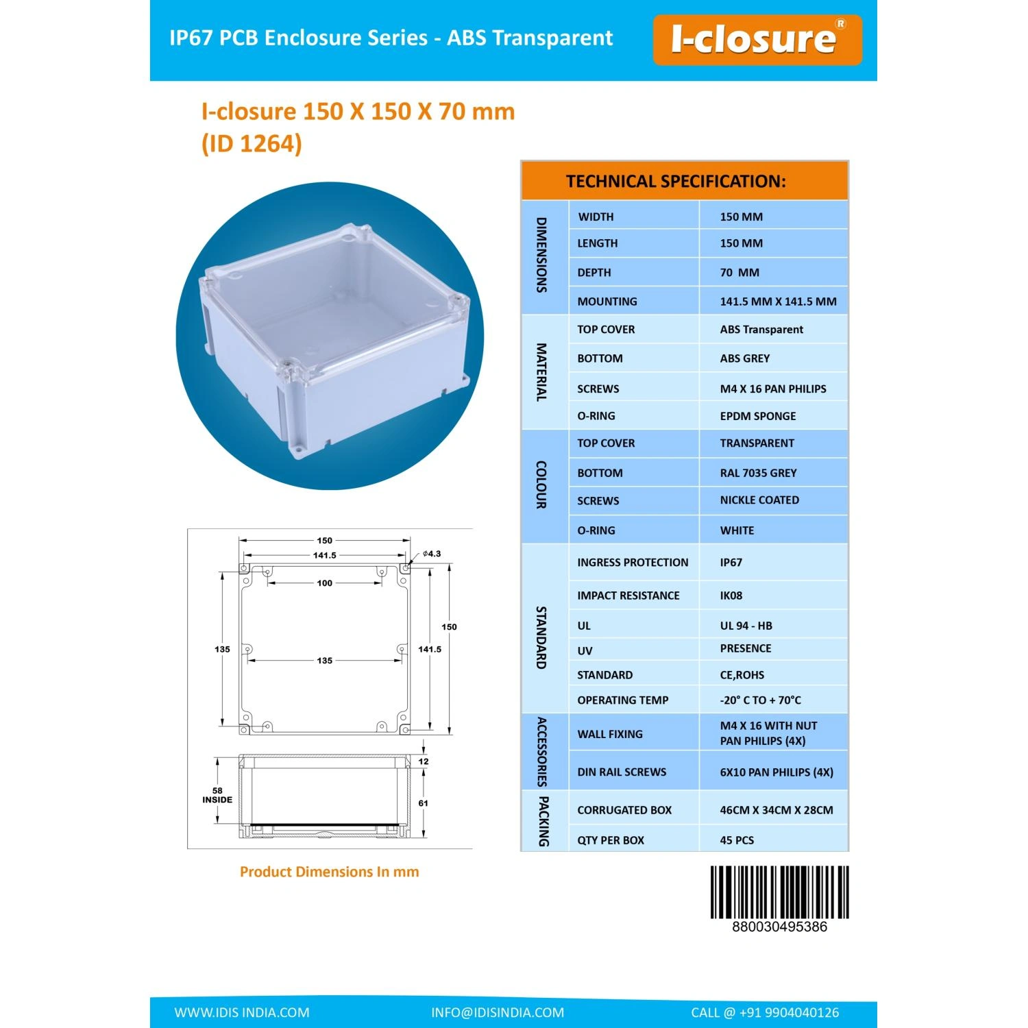 ABS Enclosure 150 X 150 X 70 mm Clear IP67-3