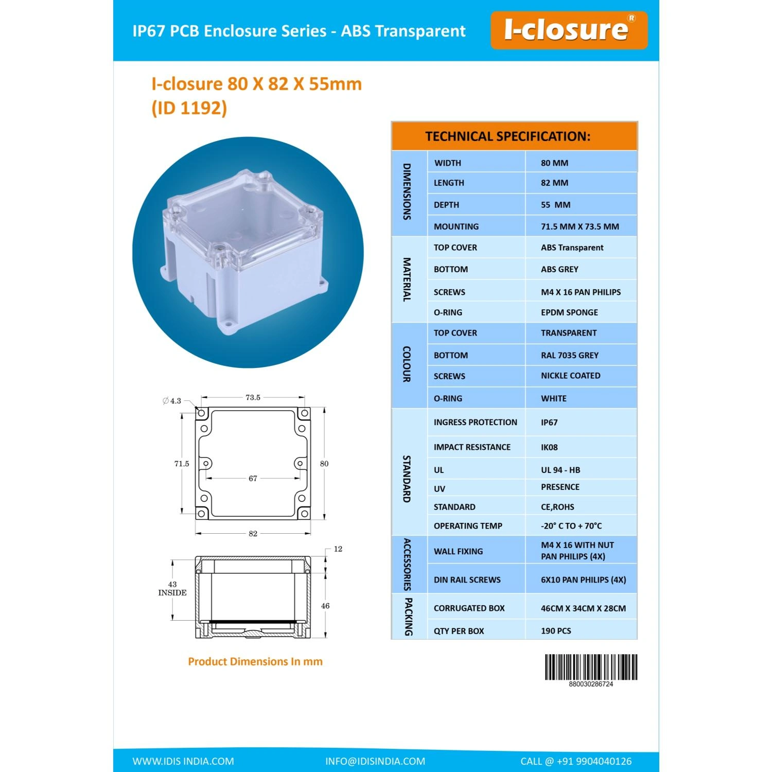ABS Enclosure 80 x 82 x 55 mm Clear IP67-3
