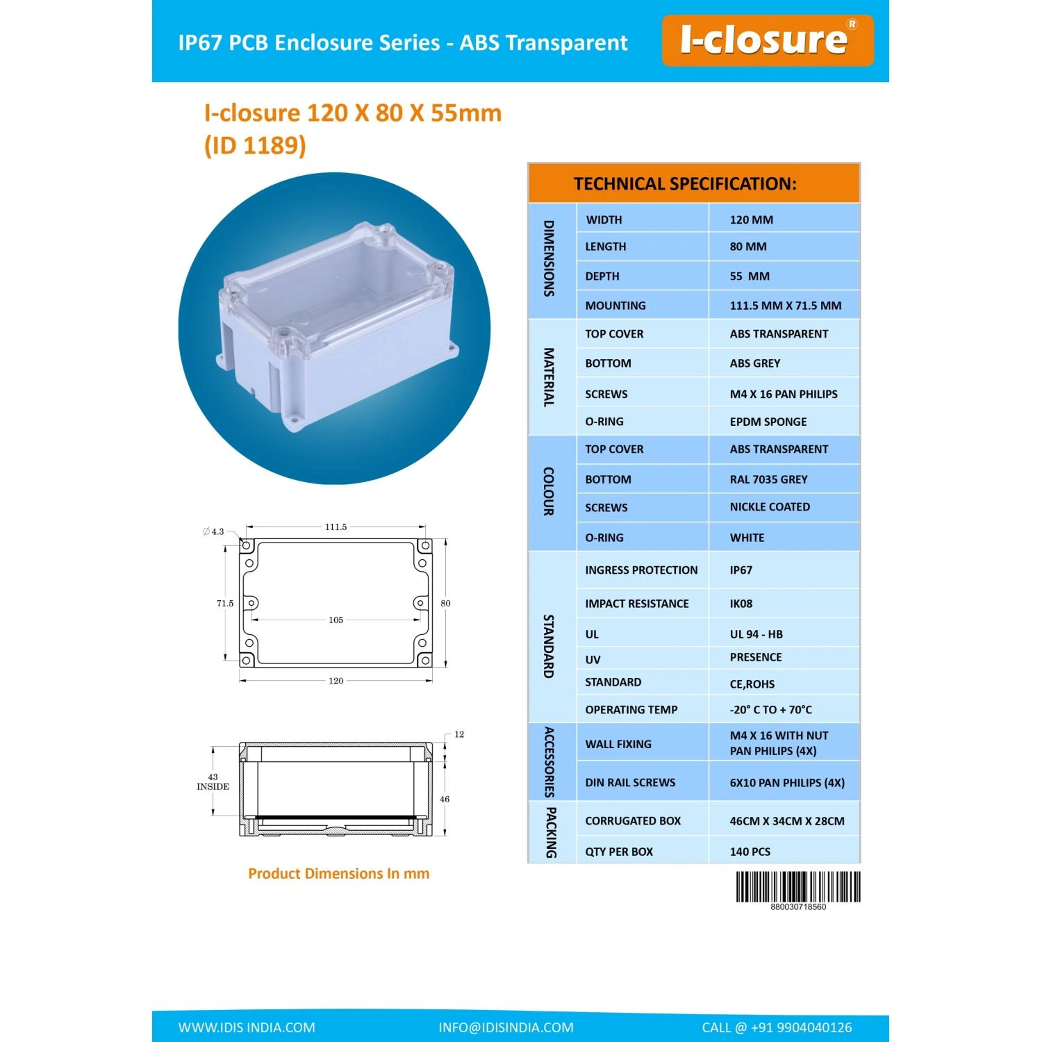 ABS Enclosure 120 x 80 x 55 mm Clear IP67-3