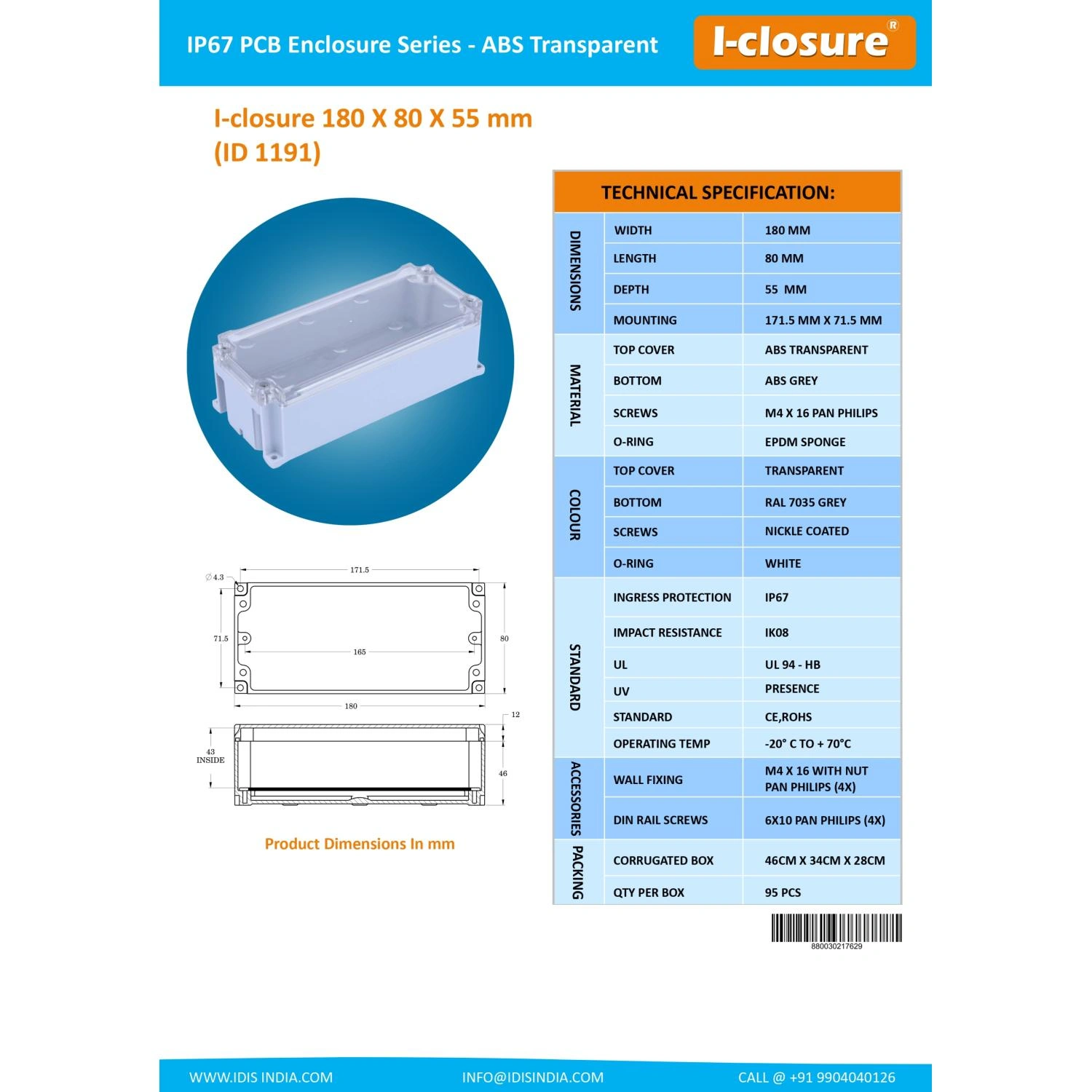 ABS Enclosure 180 x 80 x 55 mm Clear IP67-3