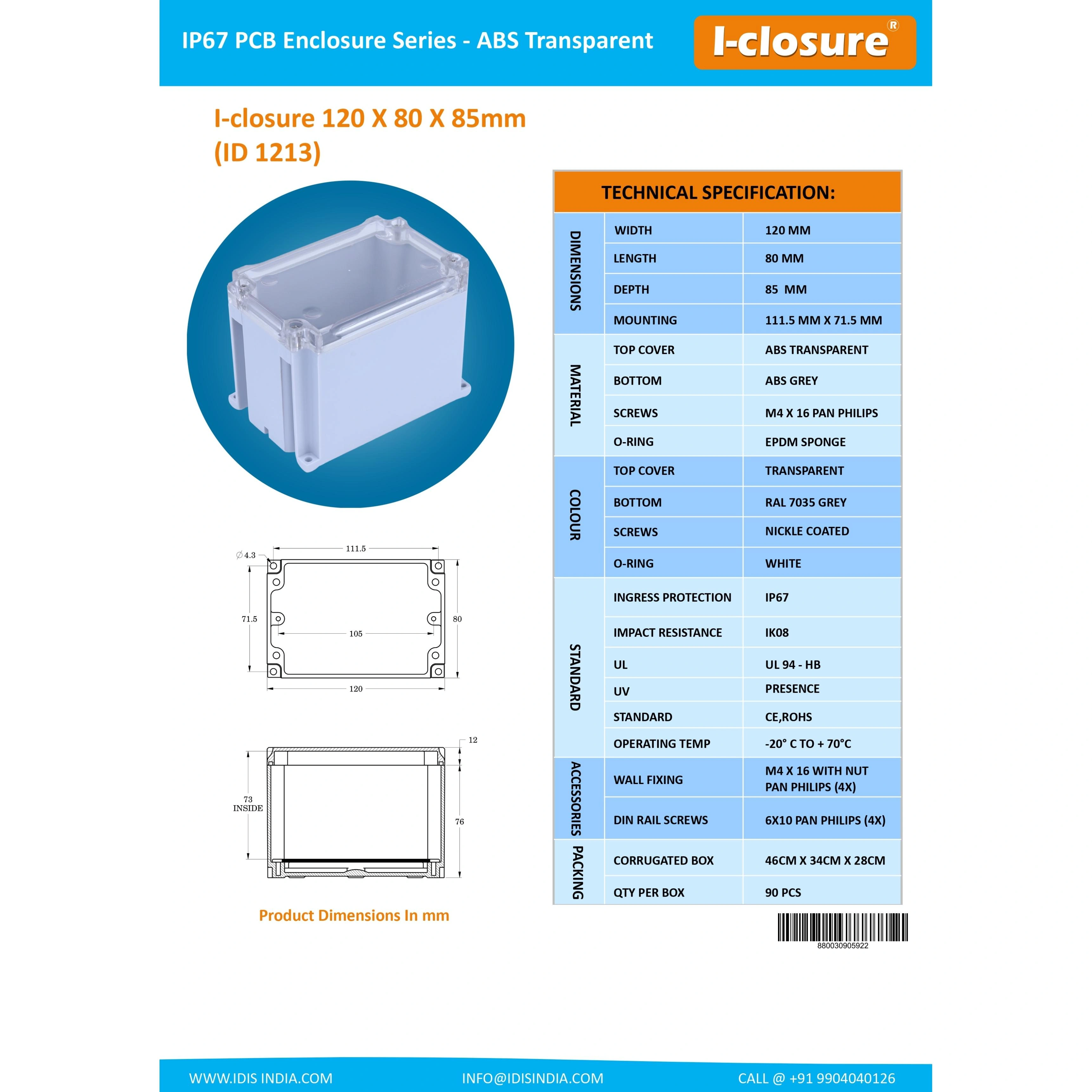 ABS Enclosure 120 x 80 x 85 mm Clear IP67-3