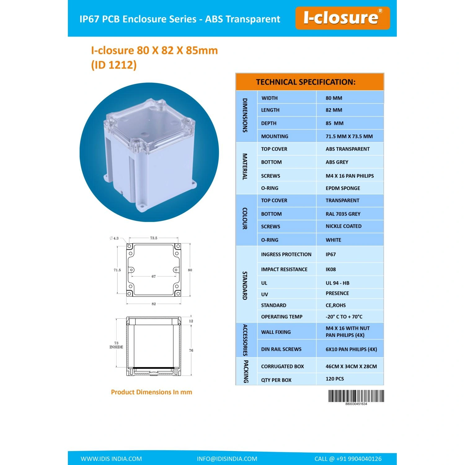 ABS Enclosure 80 x 82 x 85 mm Clear IP67-3
