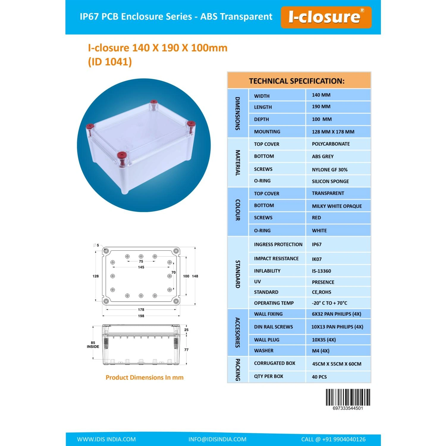 PC ABS Enclosure 140 X 190 X 100 mm IP67-2