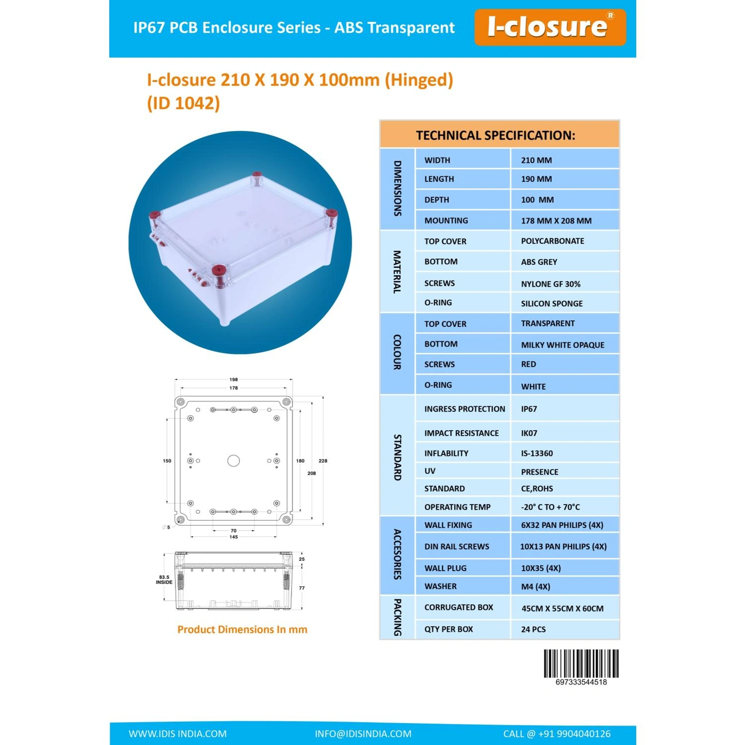 PC ABS Enclosure 210 X 190 X 100 mm IP67-2