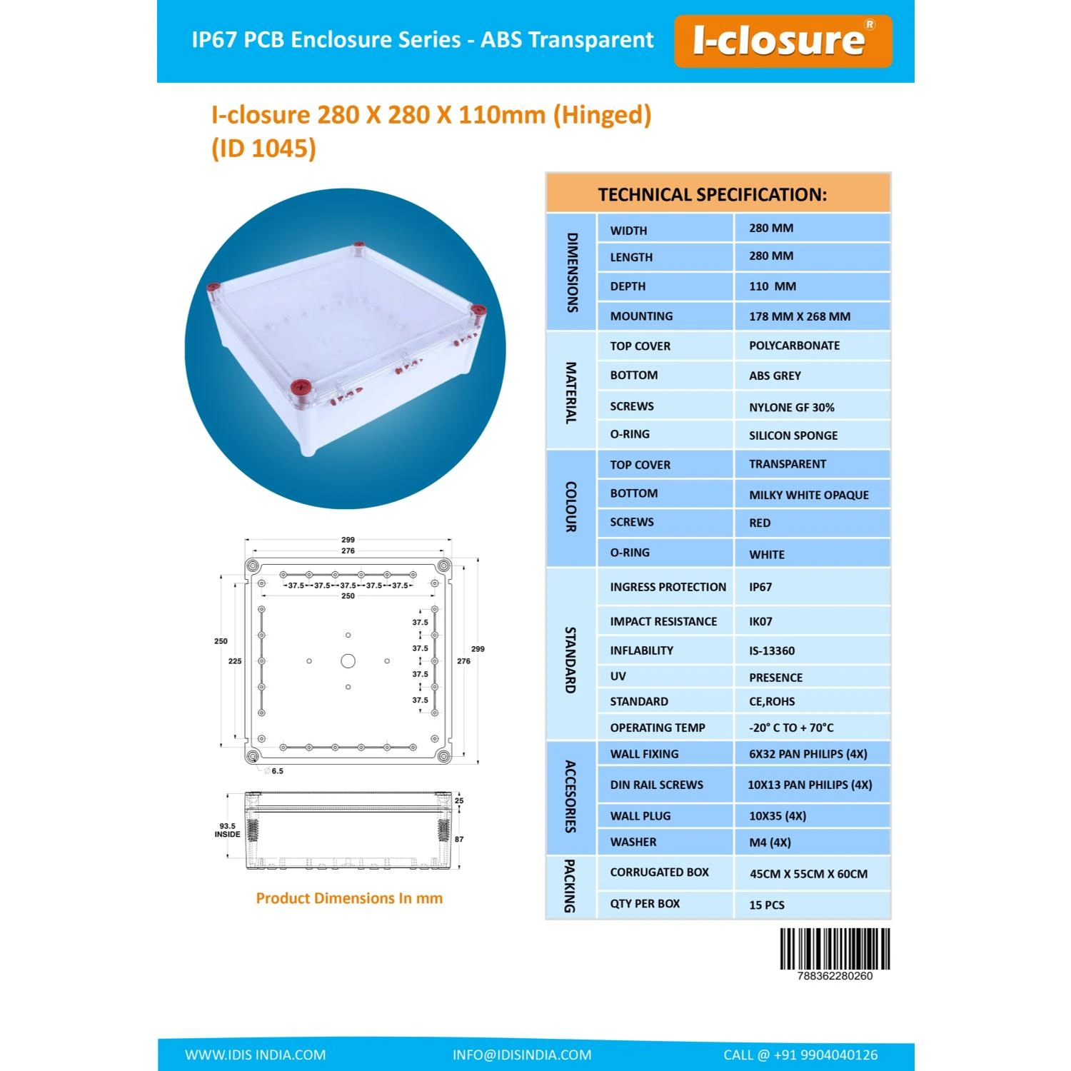 PC ABS Enclosure 280 X 280 X 110 mm IP67-2