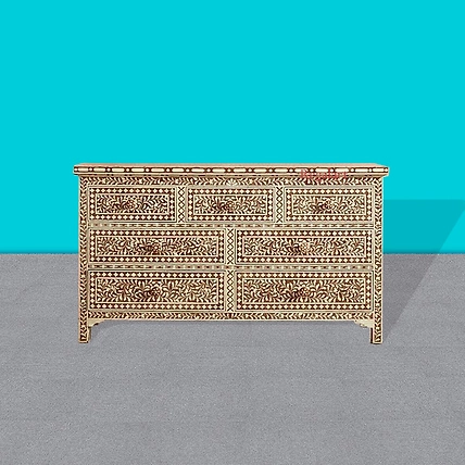 Handmade Bone Inlay Floral Pattern Chest of Drawer, Commode Handmade Wooden Furniture Handmade Bone Inlay Wooden sideboard with 7 Drawer-1