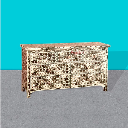 Handmade Bone Inlay Floral Pattern Chest of Drawer, Commode Handmade Wooden Furniture Handmade Bone Inlay Wooden sideboard with 7 Drawer-2