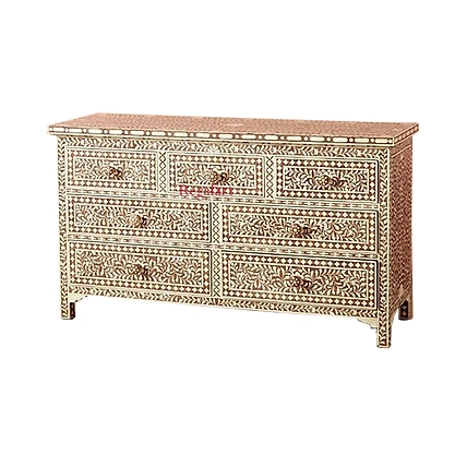 Handmade Bone Inlay Floral Pattern Chest of Drawer, Commode Handmade Wooden Furniture Handmade Bone Inlay Wooden sideboard with 7 Drawer-3