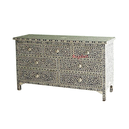 Handmade Bone Inlay Floral Pattern Chest of Drawer, Commode Handmade Wooden Furniture Handmade Bone Inlay Wooden sideboard with 7 Drawer-Blue-H 32 X W 46 X D 18-1