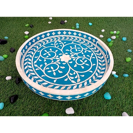 Handmade Bone Inlay Floral Art Kitchen Serving Tray Platter-W 40 X D 40 X H 5-1