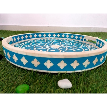 Handmade Bone Inlay Floral Art Kitchen Serving Tray Platter-W 40 X D 40 X H 5-2