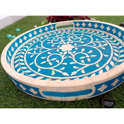 Handmade Bone Inlay Floral Art Kitchen Serving Tray Platter-W 40 X D 40 X H 5-3