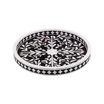 Bone Inlay Round Design Tray: Kitchen Serving Tray with Floral Design Home Decor-W 40 X D 40 X H 5-1