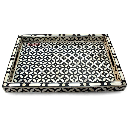 Handmade Bone Inlay Kitchen Serving Tray with a Unique Pattern-W 30  X D 15 X H 2.5-5