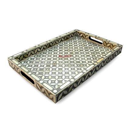 Handmade Bone Inlay Kitchen Serving Tray with a Unique Pattern-W 30  X D 15 X H 2.5-4