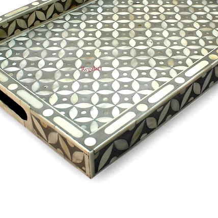 Handmade Bone Inlay Kitchen Serving Tray with a Unique Pattern-W 30  X D 15 X H 2.5-3