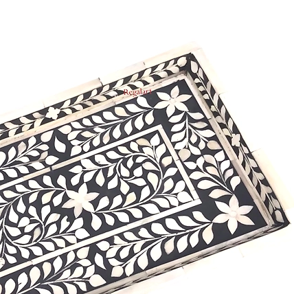 Bone Inlay Kitchen Serving Tray with Floral Pattern - Ideal for Serving Coffee Home decor tray Indian Tray-W 30  X D 15 X H 2.5-5