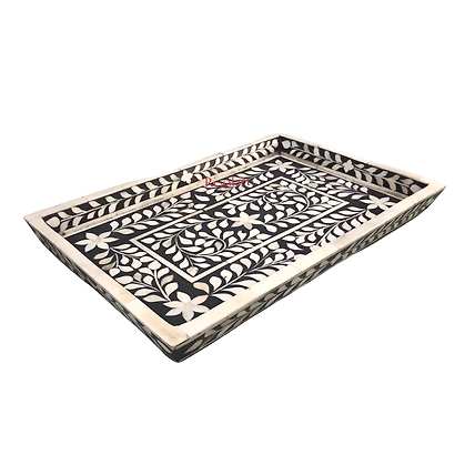 Bone Inlay Kitchen Serving Tray with Floral Pattern - Ideal for Serving Coffee Home decor tray Indian Tray-W 30  X D 15 X H 2.5-4