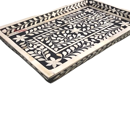 Bone Inlay Kitchen Serving Tray with Floral Pattern - Ideal for Serving Coffee Home decor tray Indian Tray-W 30  X D 15 X H 2.5-3